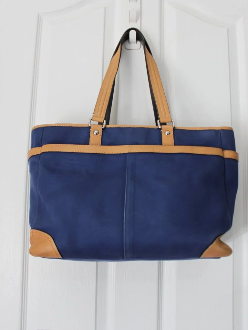 Coach Navy Blue Canvas Diaper Bag - Tan Leather Trim - Changing Pad Included 🍼⚓